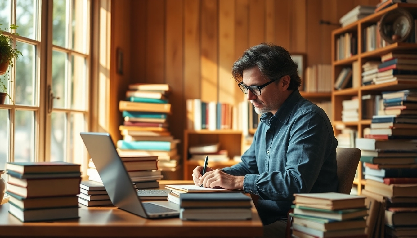 An author writing at a desk surrounded by books, creating a cozy atmosphere.