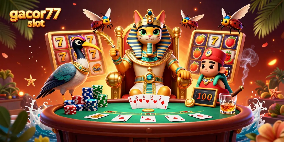 Permainan gacor77 slot yang seru dengan simbol keberuntungan dan suasana kasino yang menarik.