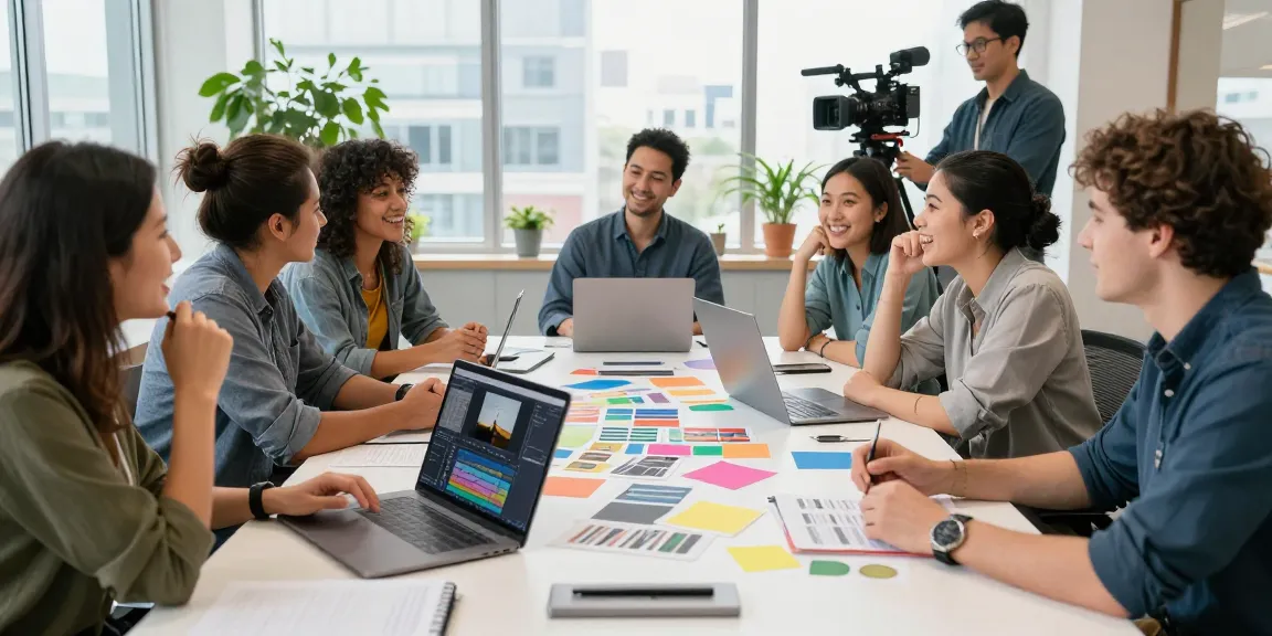 Creative Corporate & Commercial Video Production Sg teamwork scene in vibrant studio, diverse professionals brainstorming with video equipment.