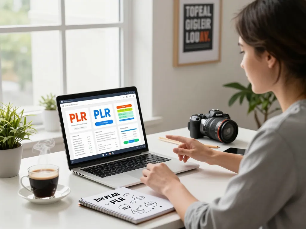 Buy PLR Digital Products in a modern e-commerce workspace with analytics and creative planning elements.