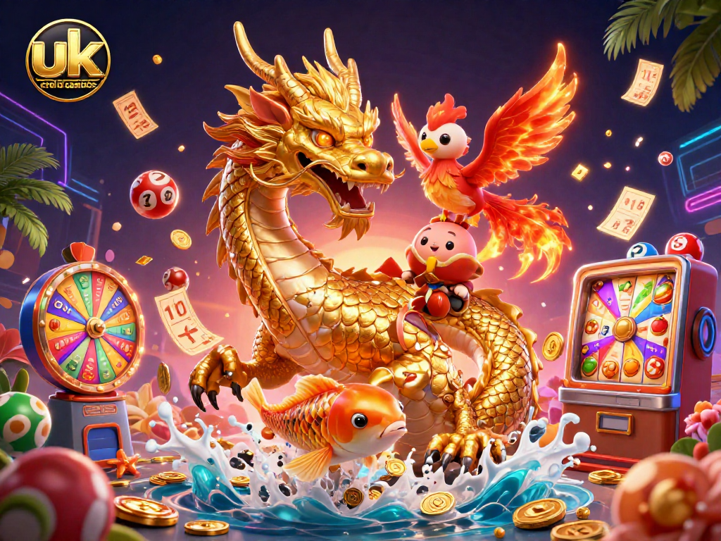 Experience the excitement of uk credit card casinos featuring a glowing dragon, lively phoenix, and dynamic casino elements.