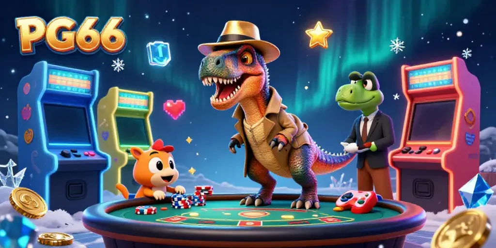 Engage in thrilling action at PG66 with a velociraptor and stegosaurus at a blackjack table.
