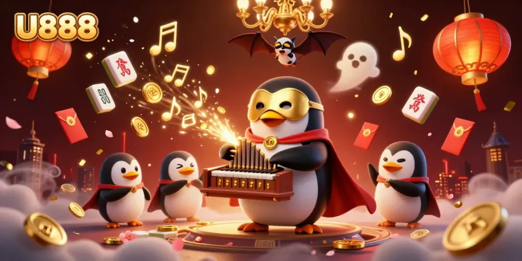 Experience thrilling gameplay at U888 with a penguin playing an organ amid golden coins and vibrant casino elements.