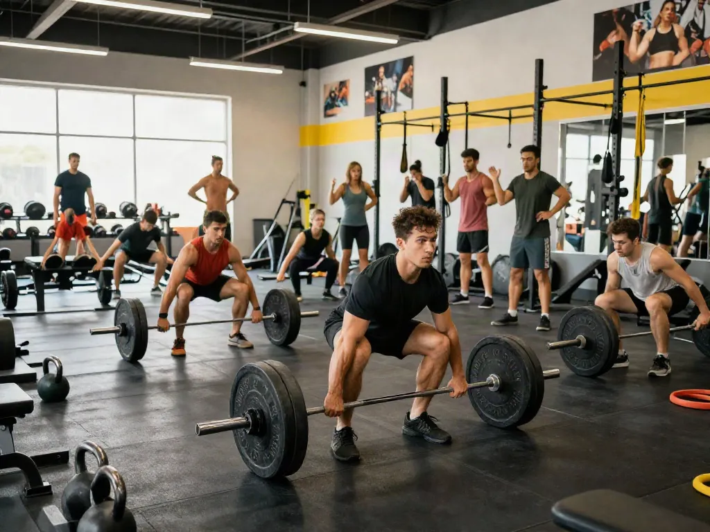 Dynamic gym scene with athletes exercising, highlighting steroidi online benefits for strength training.