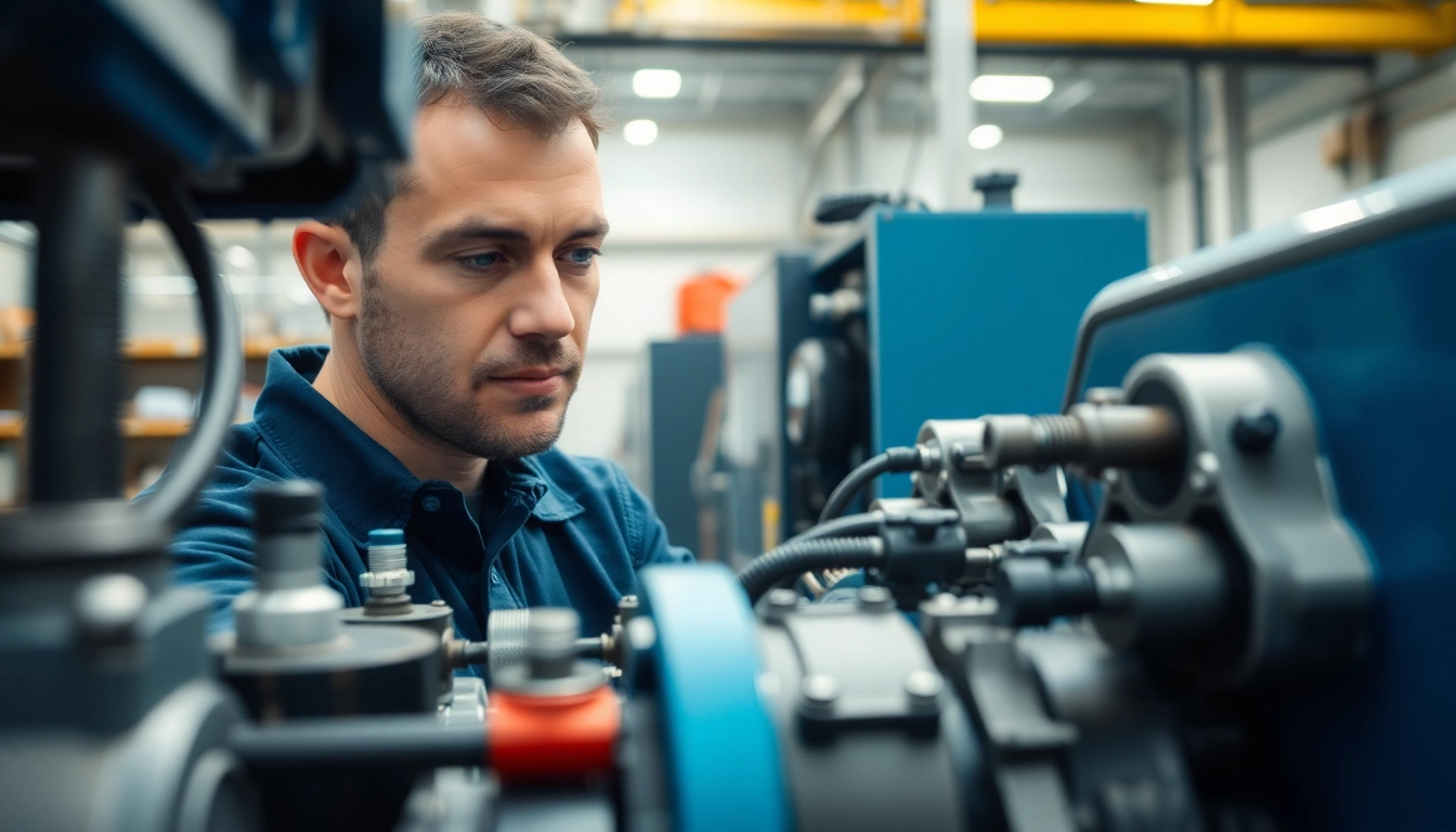 Inspecting hydraulic system maintenance equipment in a well-lit workshop.