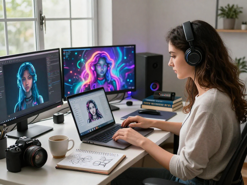 Young woman interacting with an AI girlfriend app on her laptop in a modern home office.