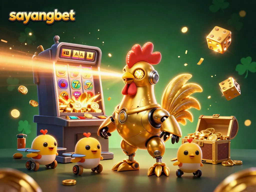Spin the reels with Sayangbet featuring a dynamic golden rooster robot, gold coins, and colorful casino elements.
