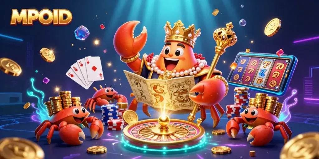 MPOID showcases vibrant online gaming in an exciting scene with golden crab emperor and dynamic casino elements.