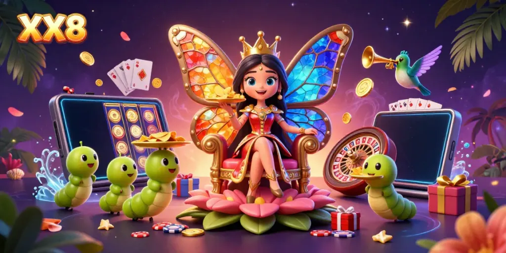 Experience the dazzling XX8 scene with a butterfly queen and animated gaming elements.