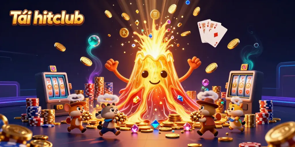 Tải hitclub with a triumphant volcano erupting coins in a vibrant 3D casino illustration.