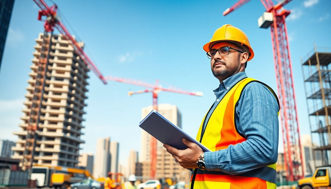 Manhattan Construction Manager supervising a bustling site with cranes and teamwork.