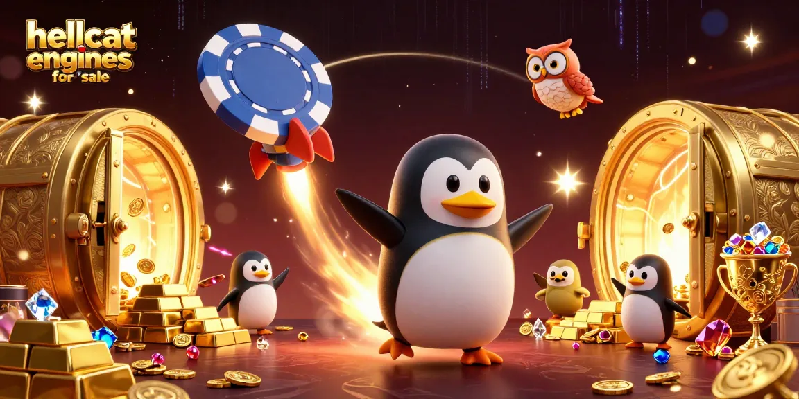 Catch hellcat engines for sale in this vibrant casino-themed illustration featuring a golden penguin!