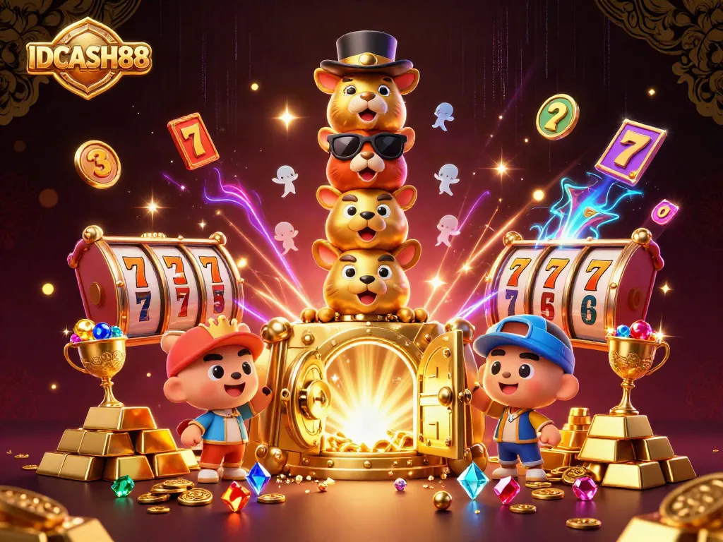 Experience IDCASH88’s vibrant slots world with a dynamic casino scene filled with treasures.