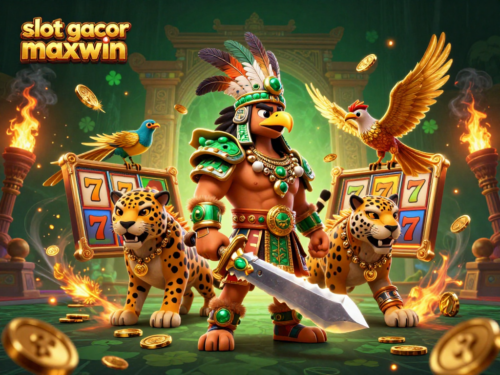 Slot gacor maxwin menampilkan pertempuran epik antara pejuang Aztec dan jaguar dalam suasana kasino yang megah.
