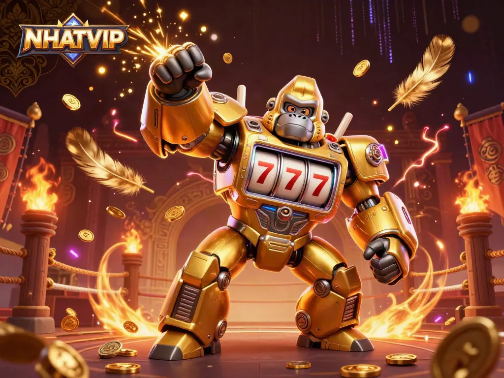 NHATVIP showcases a thrilling 3D illustration of a golden gorilla mech amid a dynamic casino environment.