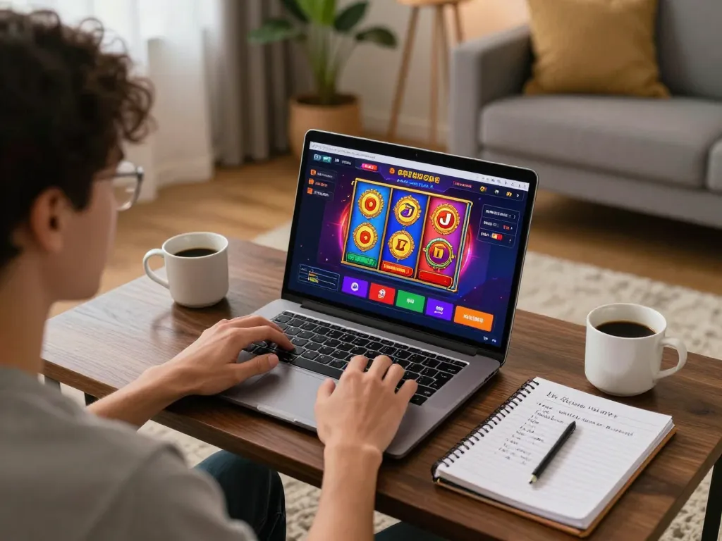 Player explores slot gacor options on laptop, showcasing online casino gaming in a cozy setting