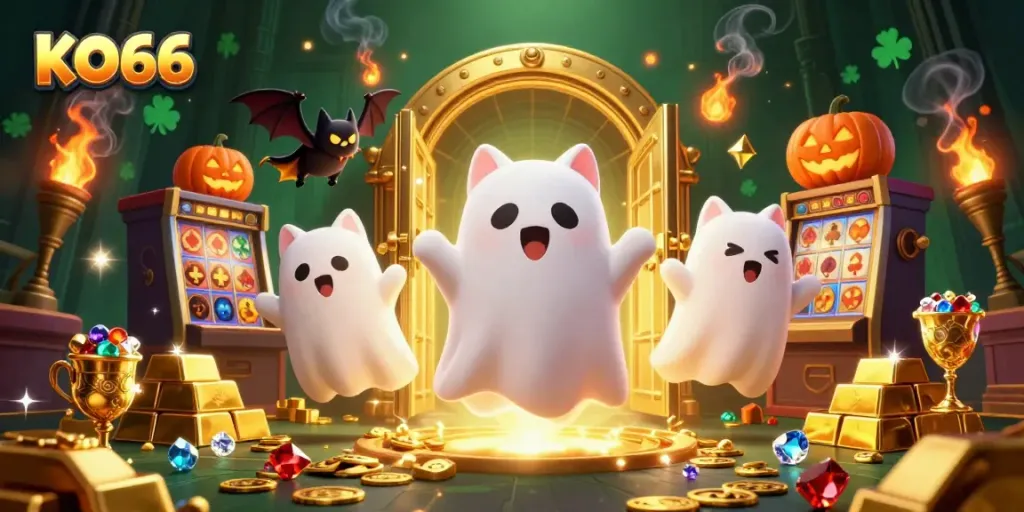 Experience the thrilling KO66 gaming atmosphere with a ghost cat and treasure galore in a haunted casino.