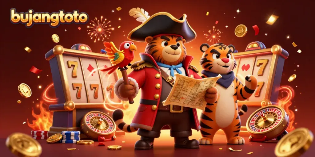 Bujangtoto pirate bear and tiger celebrating with slot machines and casino elements