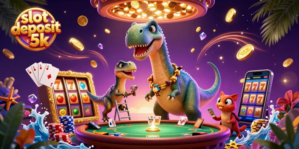 Engage with slot deposit 5k excitement in this vibrant 3D casino scene filled with fun characters and game elements.