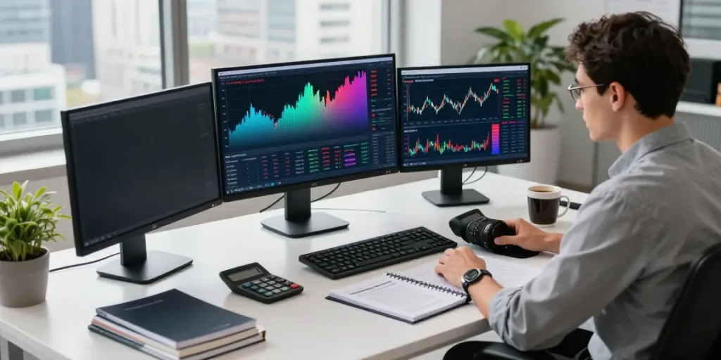 Financial analyst studying market data from FintechZoom.com in a modern office.
