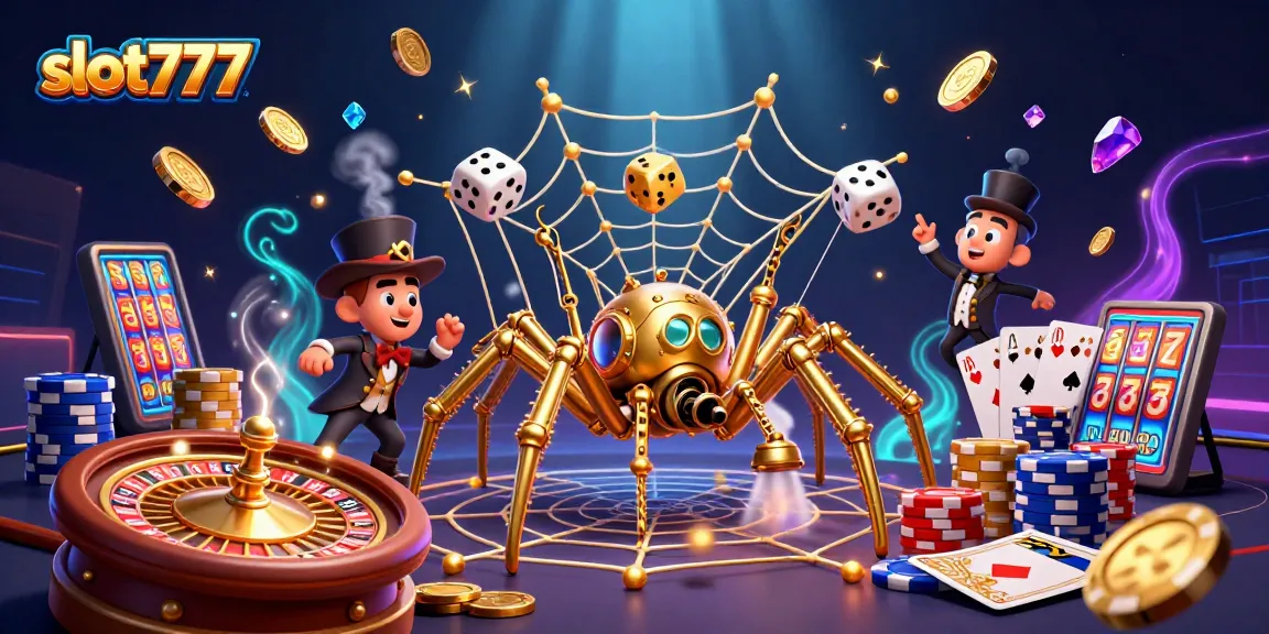 Experience slot777 excitement as golden coins and colorful poker chips burst around whimsical characters.