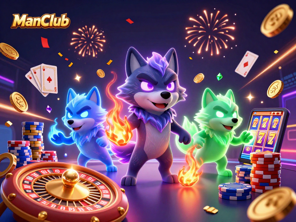 Engage with thrilling gameplay at ManClub as cartoon wolves celebrate winning moments.