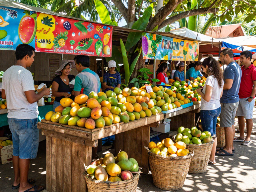Explore the Camino mango serenity at a vibrant tropical fruit market, filled with fresh mangoes and lively customers.