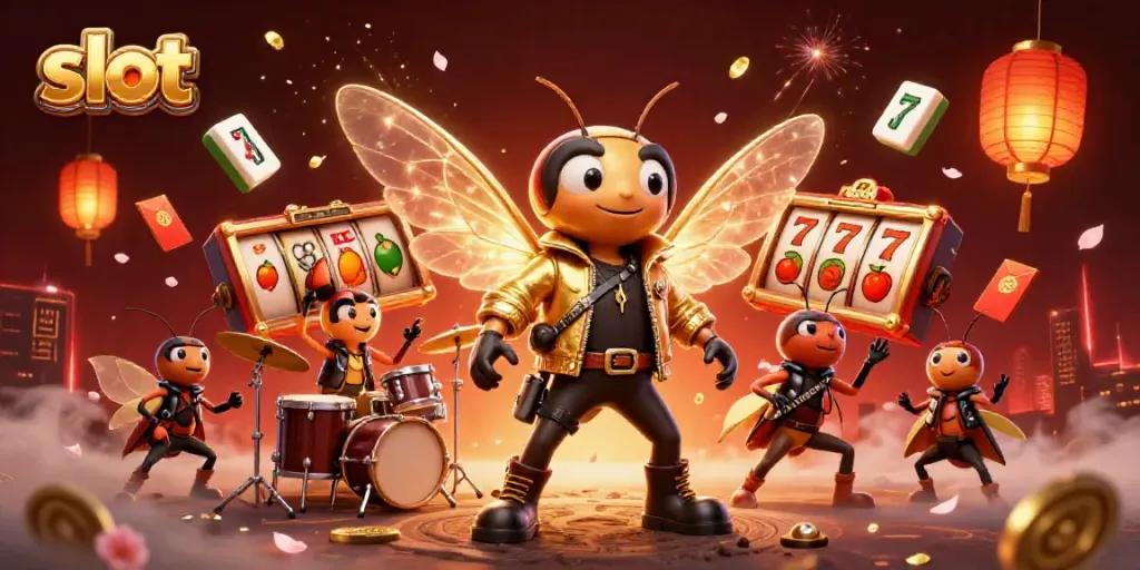 Raih keberuntungan bermain slot dengan cicada rockstar dan elemen judi berwarna-warni.