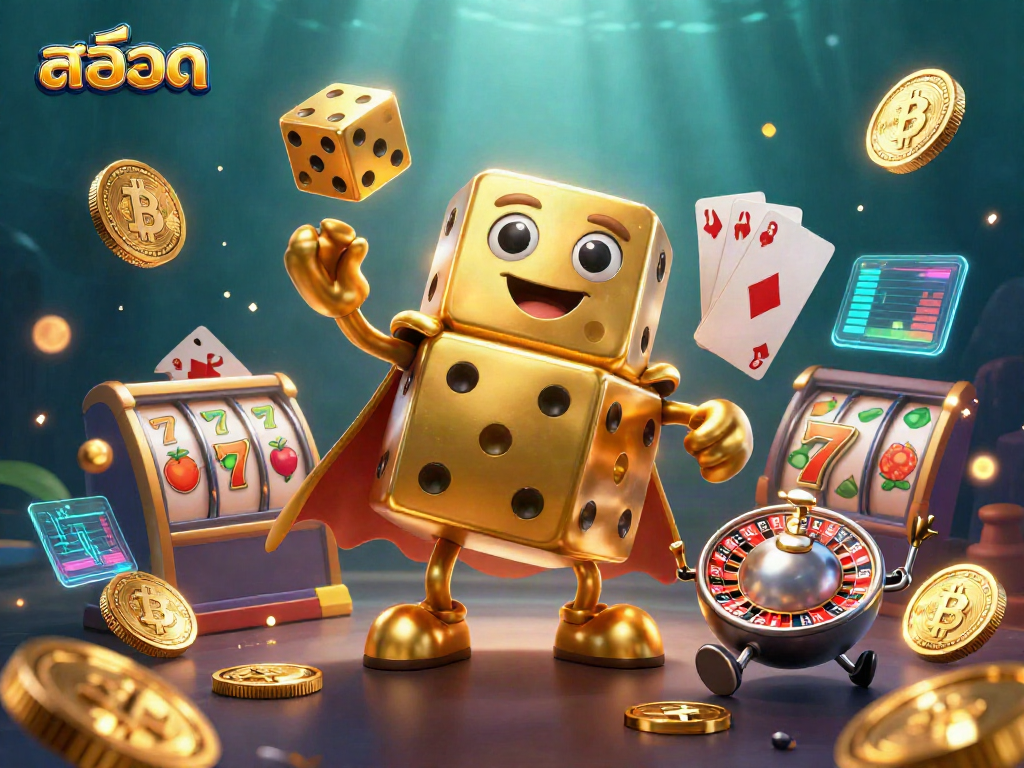 Experience the thrill of สล็อต with a dynamic 3D scene featuring a golden dice golem and vibrant game symbols.