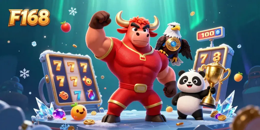 F168 mascot celebrating wins amidst slots and jackpots in a vibrant casino scene
