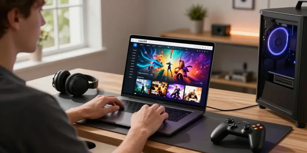 Engaging with Luxury333 gaming platform on a modern laptop in a stylish home office.
