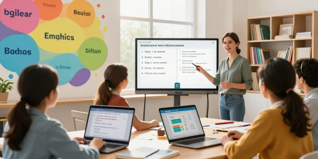 Toto's online English learning session with diverse students engaged in interactive lessons.