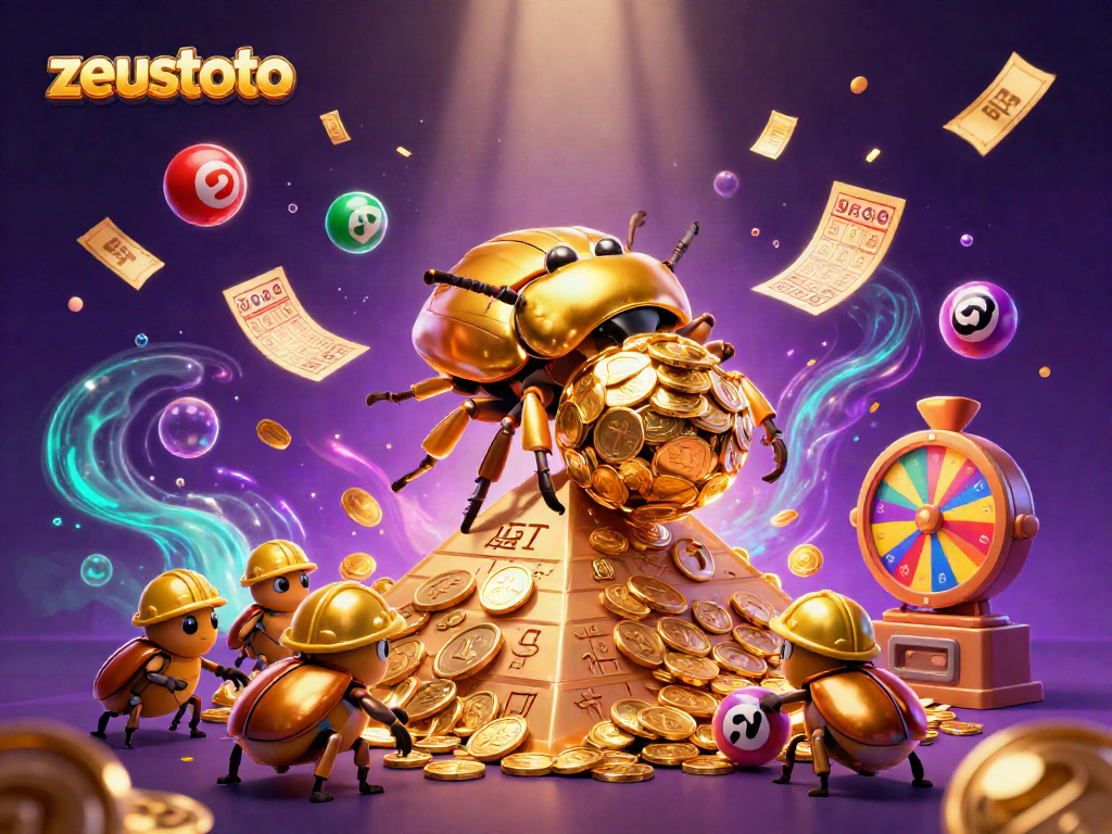 Spin the zeustoto lottery machine as golden coins cascade from a vibrant casino scene.
