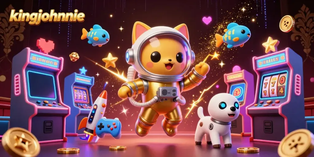 Engage with kingjohnnie in a vibrant 3D casino scene featuring colorful games and dynamic characters.