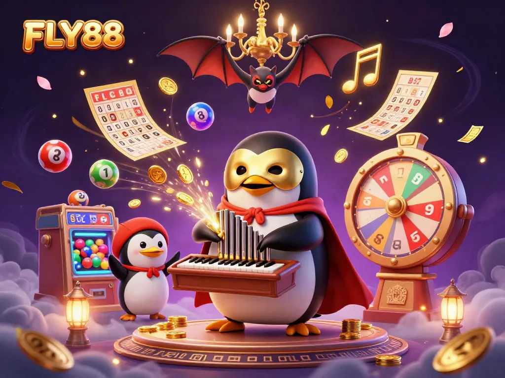 Experience the excitement of FLY88 with a vibrant 3D casino scene bursting with energy and gaming elements.