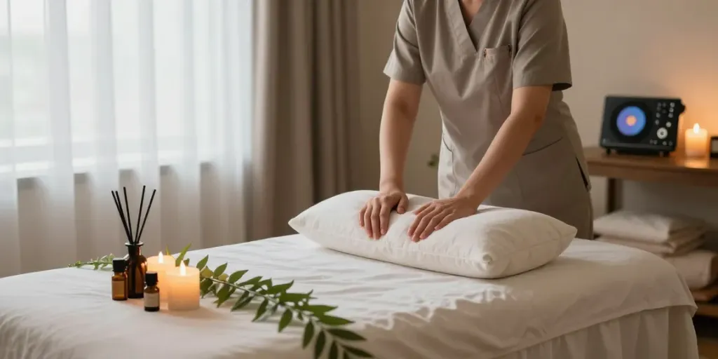 Relaxing setup for 용인출장안마 therapy with candles and essential oils.