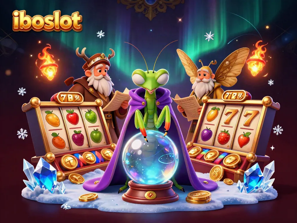 Iboslot offers an immersive 3D experience of a fortune teller and mystical characters in an enchanting casino landscape.