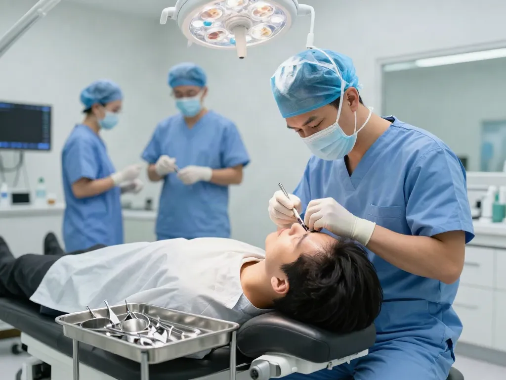 Hair transplant procedure showing surgeon transplanting follicles into patient's scalp in a modern clinic.