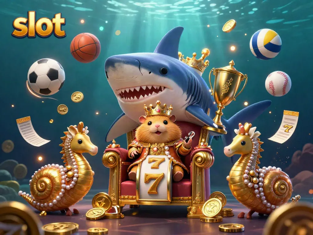 Engage in slot gaming with the golden hamster king on his megalodon throne amidst festive 3D symbols.