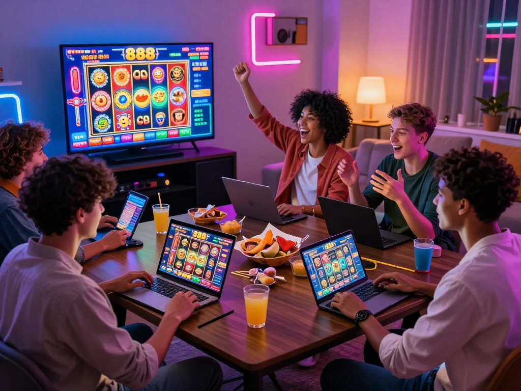 Suasana teman-teman bermain slot88 online, terlibat dan bersemangat dengan grafis yang cerah dan makanan ringan.