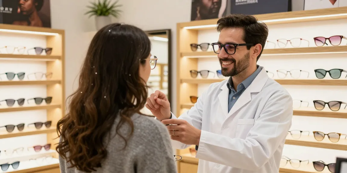 Ótica Avaré: Optometrista ajuda cliente a escolher óculos modernos na loja com luz suave.