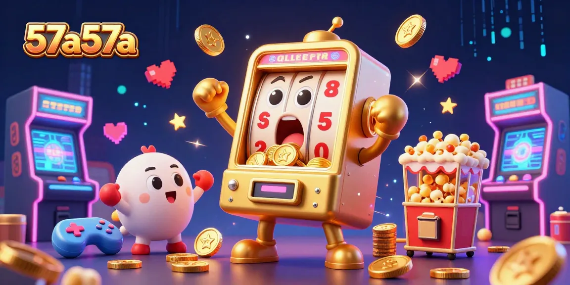 57a57a's dynamic jackpot celebration scene with slot machines, popcorn machine, and arcade elements.