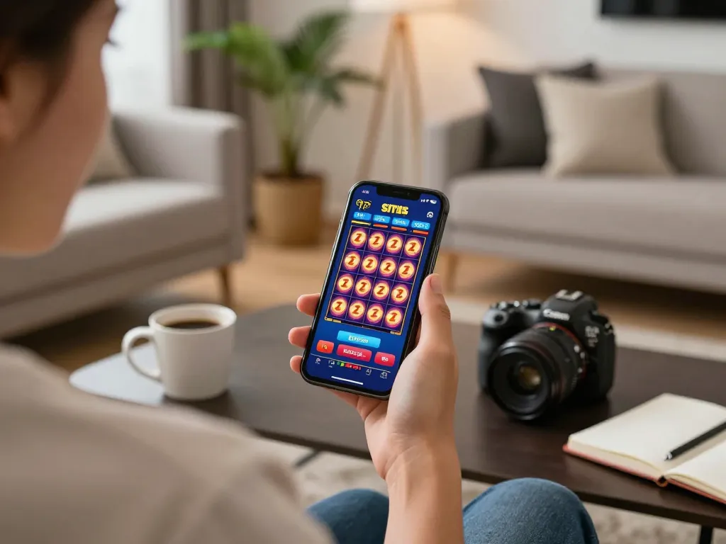 Engaged player using their smartphone on situs slot app in a cozy home setting