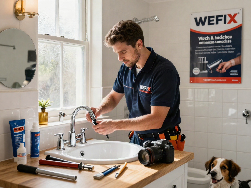 Professional plumber from WEFIX London installing a modern faucet in a stylish bathroom, showcasing expert craftsmanship and quality service.