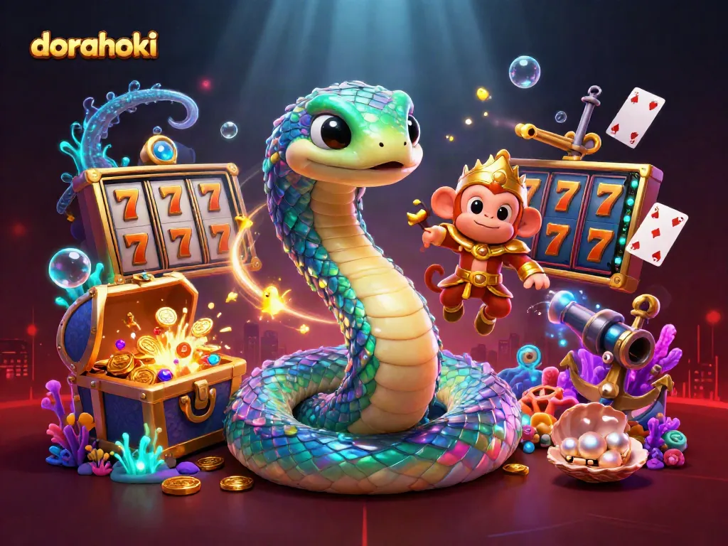 Menang dengan dorahoki: ilustrasi slot penuh warna dan karakter kasino yang menarik.