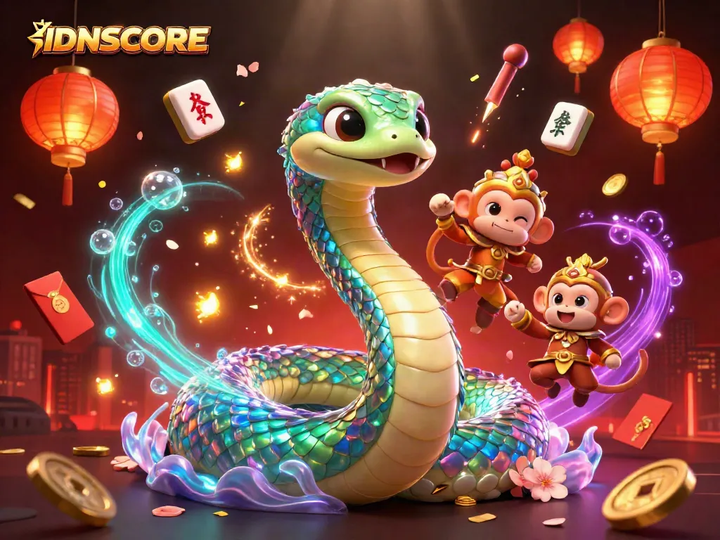 Bet on IDNSCORE with a vibrant 3D casino scene showcasing game elements and fantasy characters.