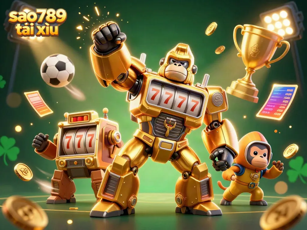Experience exciting action with sao789 tài xỉu as a golden gorilla mech launches coins in this vibrant 3D scene.