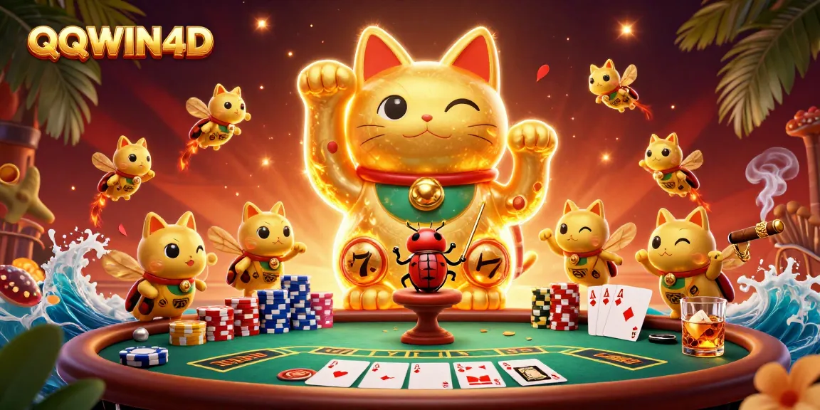 QQWIN4D menghadirkan ilustrasi perjudian dengan kucing beruntung dan elemen kasino yang memukau.