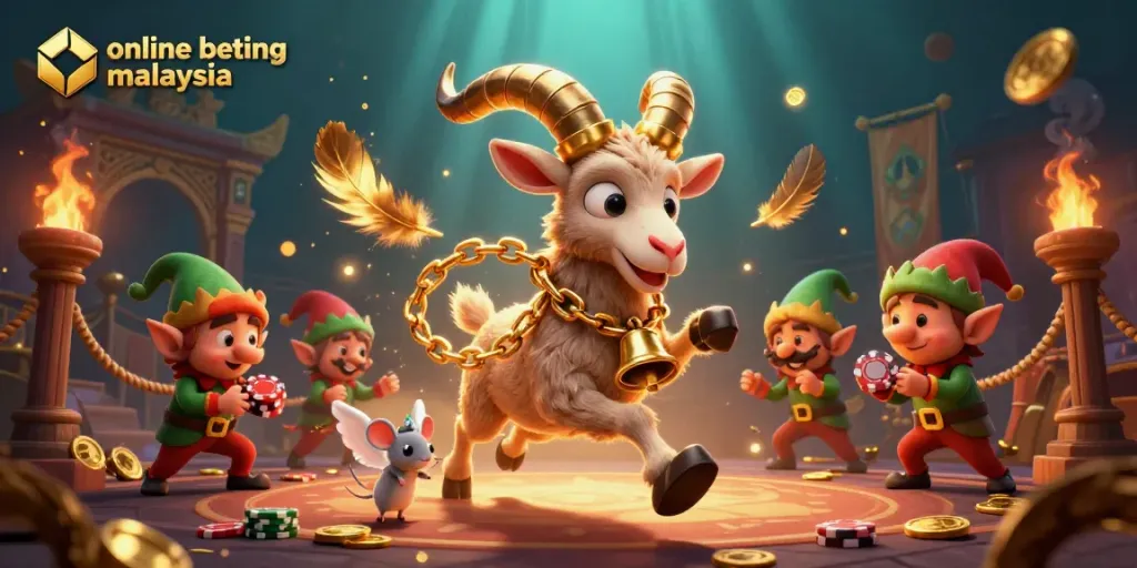 Engage with online betting Malaysia in a vibrant holiday setting, where Krampus oversees a bustling casino.