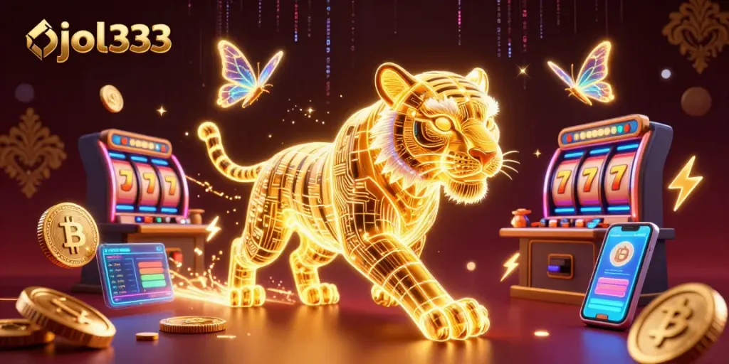 Engaging 3D casino scene featuring ojol333 with a neon-wireframe tiger and holographic elements.